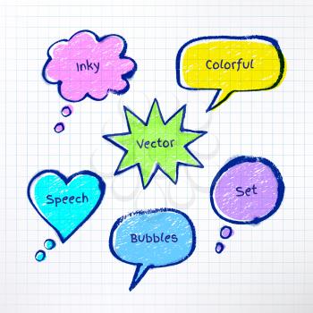 Inky colorful bubble-talks drawn on checkered school notebook background. Vector illustration.