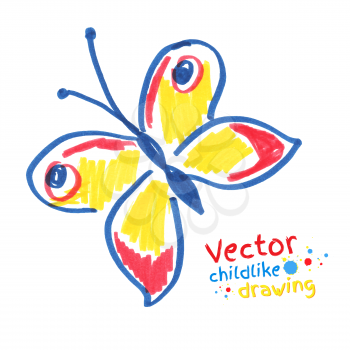 Childlike drawing of butterfly. Vector illustration. Isolated.