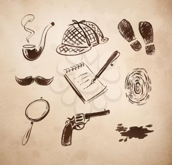 Detective sketch icons retro style vector set. Isolated.