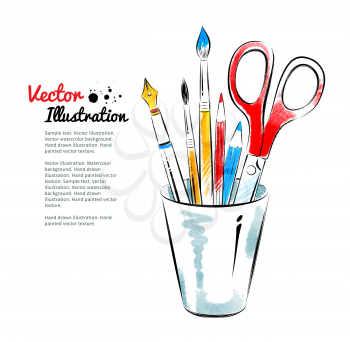 Brushes, pen, pencils and scissors in holder. Hand drawn watercolor and line art. Vector illustration. isolated.
