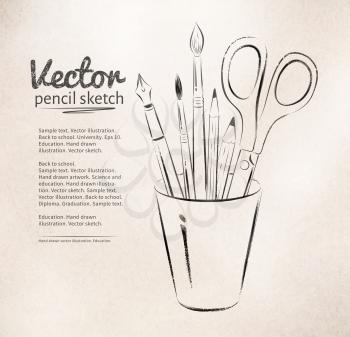 Brushes, pen, pencils and scissors in holder. Vector illustration. isolated.