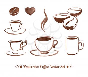 Watercolor coffee. Vector set.