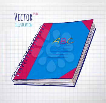 School notebook on checkered paper background. Vector illustration.