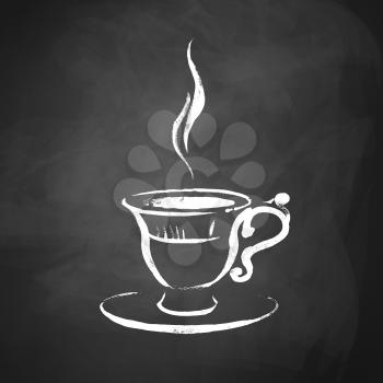 A cup of coffee. Hand drawn sketch on chalkboard background. Vector illustration. isolated.