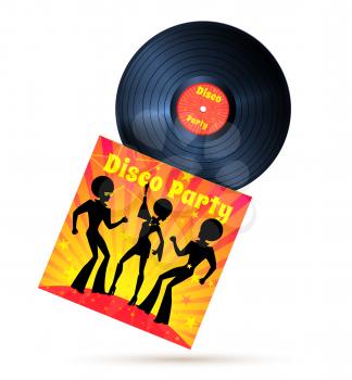Vinyl record and cover with disco party illustration. Vector EPS 10.