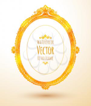 Watercolor golden oval vintage frame. Vector illustration.