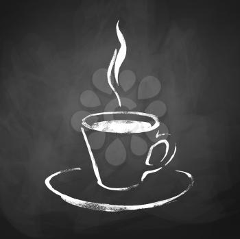 A cup of coffee with steam. Hand drawn sketch on chalkboard background. Vector illustration. isolated.