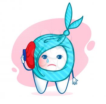 Sorrowful tooth character with ice bag. Toothache. Vector illustration.