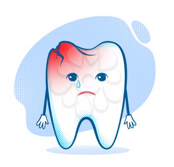 Sorrowful damaged tooth character. Toothache. Vector illustration.