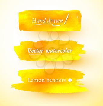Yellow hand drawn watercolor banners. Vector set.
