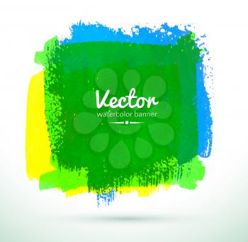 Colorful watercolor banner. Green, blue, yellow. Vector illustration.