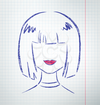 Female avatar drawn on checkered school notebook paper. Vector illustration.