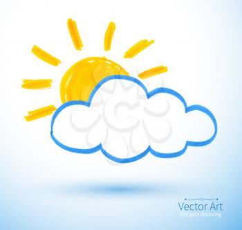Sun and cloud. Felt pen drawing, Vector illustration. Isolated.