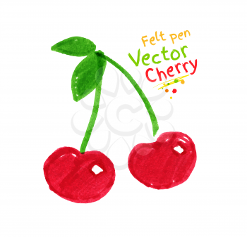 Vector felt pen childlike drawing of cherries.