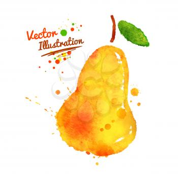 Vector watercolor hand drawn pear with paint splashes.
