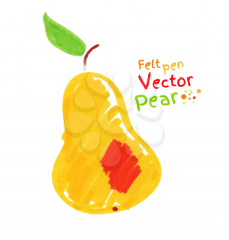 Vector felt pen child drawing of yellow pear with leaf.