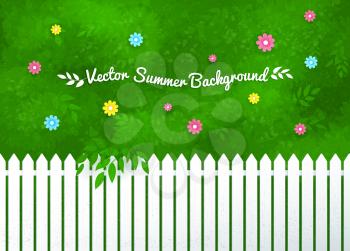 Vector illustration of blooming shrubs and garden white fence.