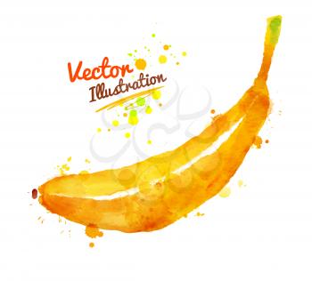 Watercolor vector illustration of banana with paint splashes.