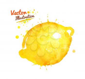 Hand drawn watercolor vector illustration of lemon with paint splashes.