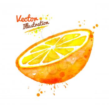 Hand drawn watercolor vector illustration of half of an orange with paint splashes.