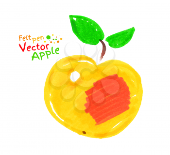 Felt pen vector child drawing of yellow apple with leaves.