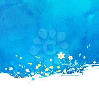Blue vector background with flowers and watercolor texture.