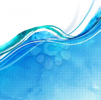 Blue watercolor vector background with waves.
