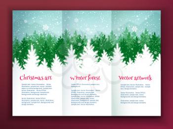 Christmas leaflet design template with winter spruce green forest silhouette landscape and falling snow.