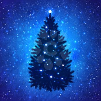 Silhouette of Christmas tree with glowing decoration on grunge watercolor dark blue background with sparkles and falling snow.
