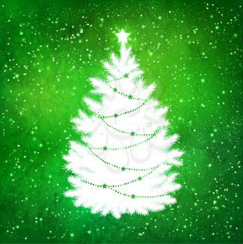 White silhouette of Christmas tree on grunge watercolor green background with sparkles and falling snow.