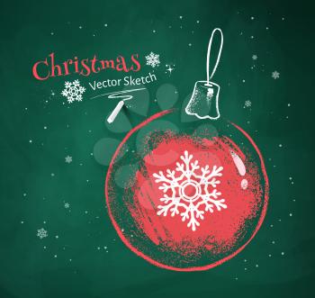 Red and white chalk vector sketch of Christmas ball with snowflake on green chalkboard background. 