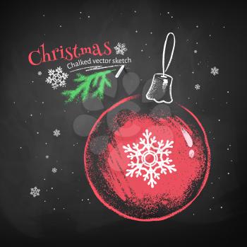 Color chalk vector sketch of red Christmas ball with snowflake on black chalkboard background. 