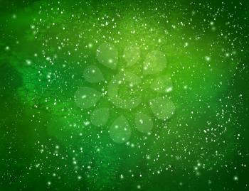 Green Christmas watercolor grunge background with falling snow and light sparkles.