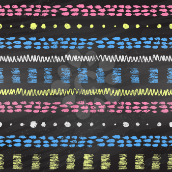 Hand drawn grunge color chalked seamless pattern with stripes, zigzag, paint daubs and dots on black chalkboard background.