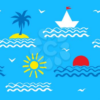 Blue summer seaside vacation seamless pattern with sea, sun, palm tree, yacht and seagulls.