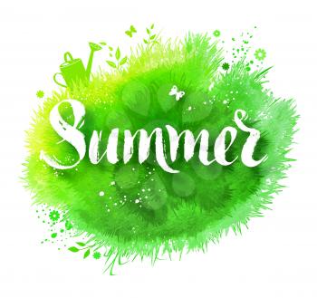 Summer word grunge lettering on watercolor green stain background with grass, flowers, butterfly and watering can.