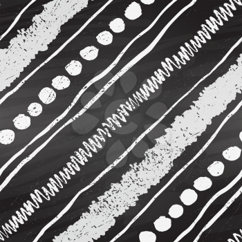 Diagonal black and white hand drawn grunge chalked seamless pattern on black chalkboard background