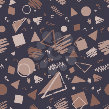 Brown vintage seamless geometric pattern with triangles, circles, squares and doodles.