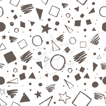 Vintage seamless geometric pattern with triangles, circles, squares and doodles.