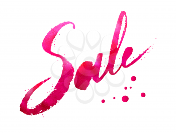 Hand drawn watercolor vector lettering of Sale word in pink color with paint splashes.