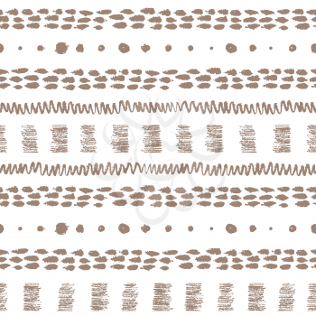 Hand drawn vintage grunge seamless pattern with stripes, zigzag, paint daubs and dots.