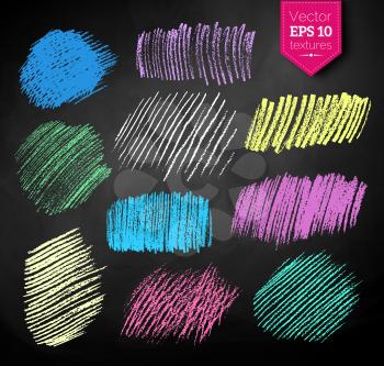 Vector collection of color chalked hatching grunge textures on black chalkboard background.