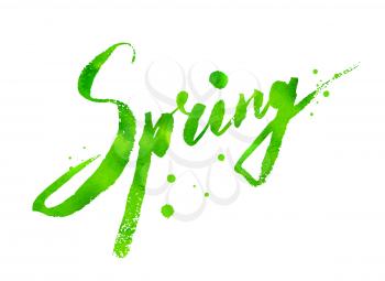 Spring word grunge watercolor hand drawn vector lettering on white background with paint splashes.