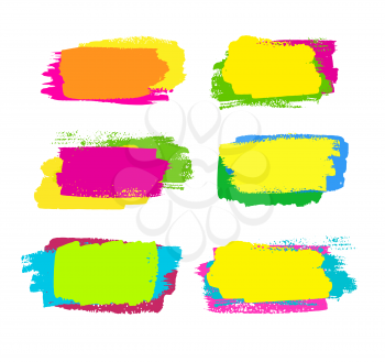 Vector grunge collection of colorful yellow, green, orange and pink brush strokes.
