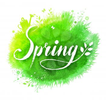 Spring word grunge lettering with tree branch and leaves on watercolor green stain background with grass, flowers, butterfly and watering can.