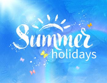 Summer holidays hand drawn vector grunge lettering on sunlight rays and blue sky background.