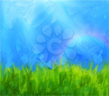 Vector summer background with blue sky and meadow with paint daubs and gouache texture.
