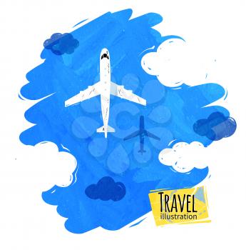 Vector illustration of top view of plane flying near clouds on blue gouache background texture.