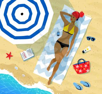 Top view vector illustration of girl lying on the beach with headphones under parasol with summer accessories near her and sea surf.