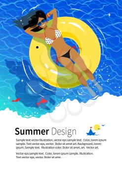 Summer vacation flyer design with young woman resting on yellow rubber ring in swimming pool.